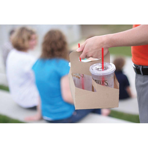 On-the-Go Paperboard 4 Cup Drink Carrier with Handle, Beige/White, For Up to 32 Oz Cups