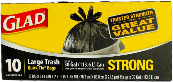 Glad® Strong Quick-Tie® Can Liners, LLDPE, 30-Gal, Black