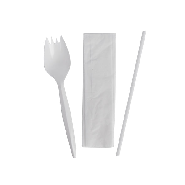 Prime Source® Polypropylene Medium Weight Spork, Straw, 10" x 10" 1-Ply Napkin Cutlery Kit, White, 5.75"