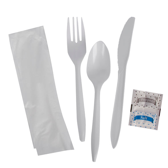 Prime Source® Polypropylene Knife, Fork, Teaspoon, Salt And Pepper, 12" x 13" Napkin Cutlery Kit, White