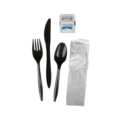 Prime Source® Polypropylene Knife, Fork, Teaspoon, Salt and Pepper, 10" x 12" Napkin Cutlery Kit, Black, Medium