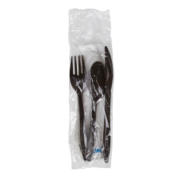 Prime Source® Polypropylene Knife, Fork, Teaspoon, Salt and Pepper, 10" x 12" Napkin Cutlery Kit, Black, Medium