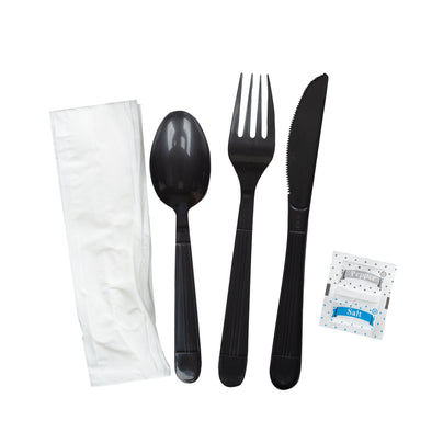 Prime Source® Polypropylene Cutlery Kit With Knife/Fork/Teaspoon/Salt & Pepper/13" x 17" Napkin, Black, Extra Heavy Weight