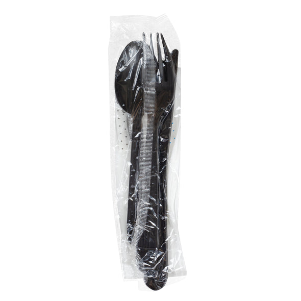 Prime Source® Polypropylene Cutlery Kit With Knife/Fork/Teaspoon/Salt & Pepper/13" x 17" Napkin, Black, Extra Heavy Weight