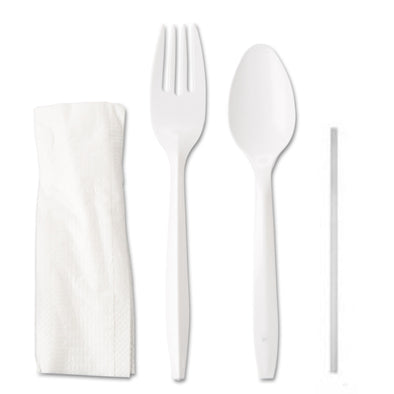 Prime Source® Polypropylene Cutlery Kit, Teaspoon, Fork, 6" Straw, 10" x 10" Napkin, White