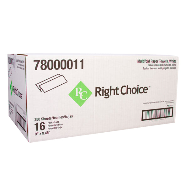 Right Choice™ Paper Multifold Towel 1-Ply 250-Sheets, White, 9" x 9.45"