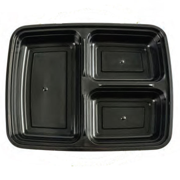 3-Compartment Polypropylene Deli Container w/ Lid, 39 Oz, 9.75" x 7.6" x 1.6"