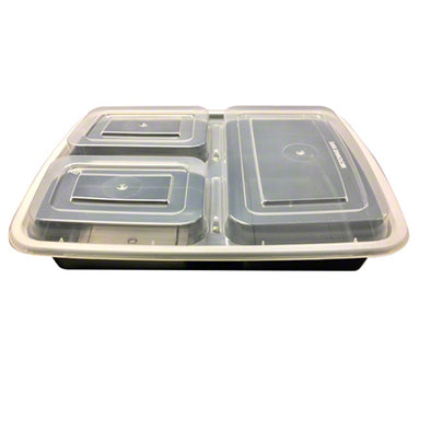 3-Compartment Polypropylene Deli Container w/ Lid, 39 Oz, 9.75" x 7.6" x 1.6"