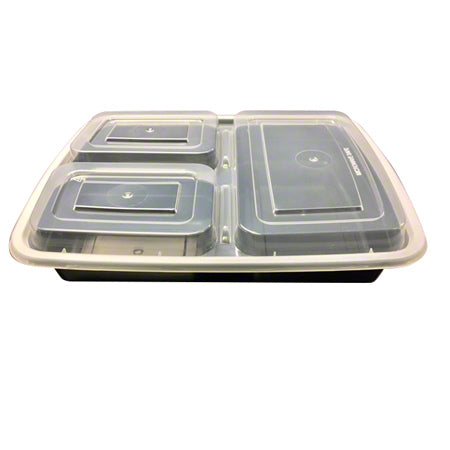 3-Compartment Polypropylene Deli Container w/ Lid, 39 Oz, 9.75" x 7.6" x 1.6"