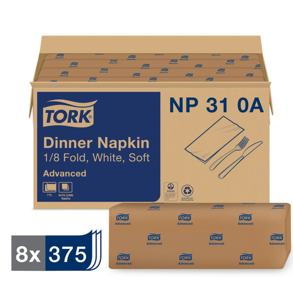 Tork® White Dinner Napkin, 8 Pks, 375 Ct