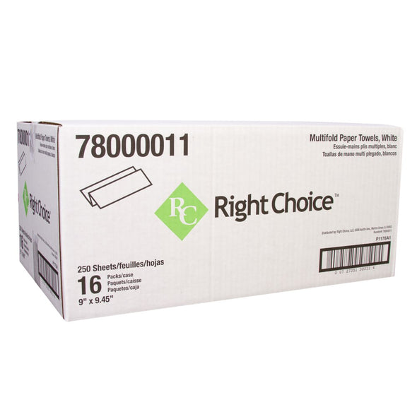 Right Choice™ Paper Multifold Towel 1-Ply 250-Sheets, White, 9" x 9.45", 1/CS/4000